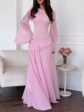 Ruffle Trim Lace-Up Round Neck Long-Sleeve Maxi Dress